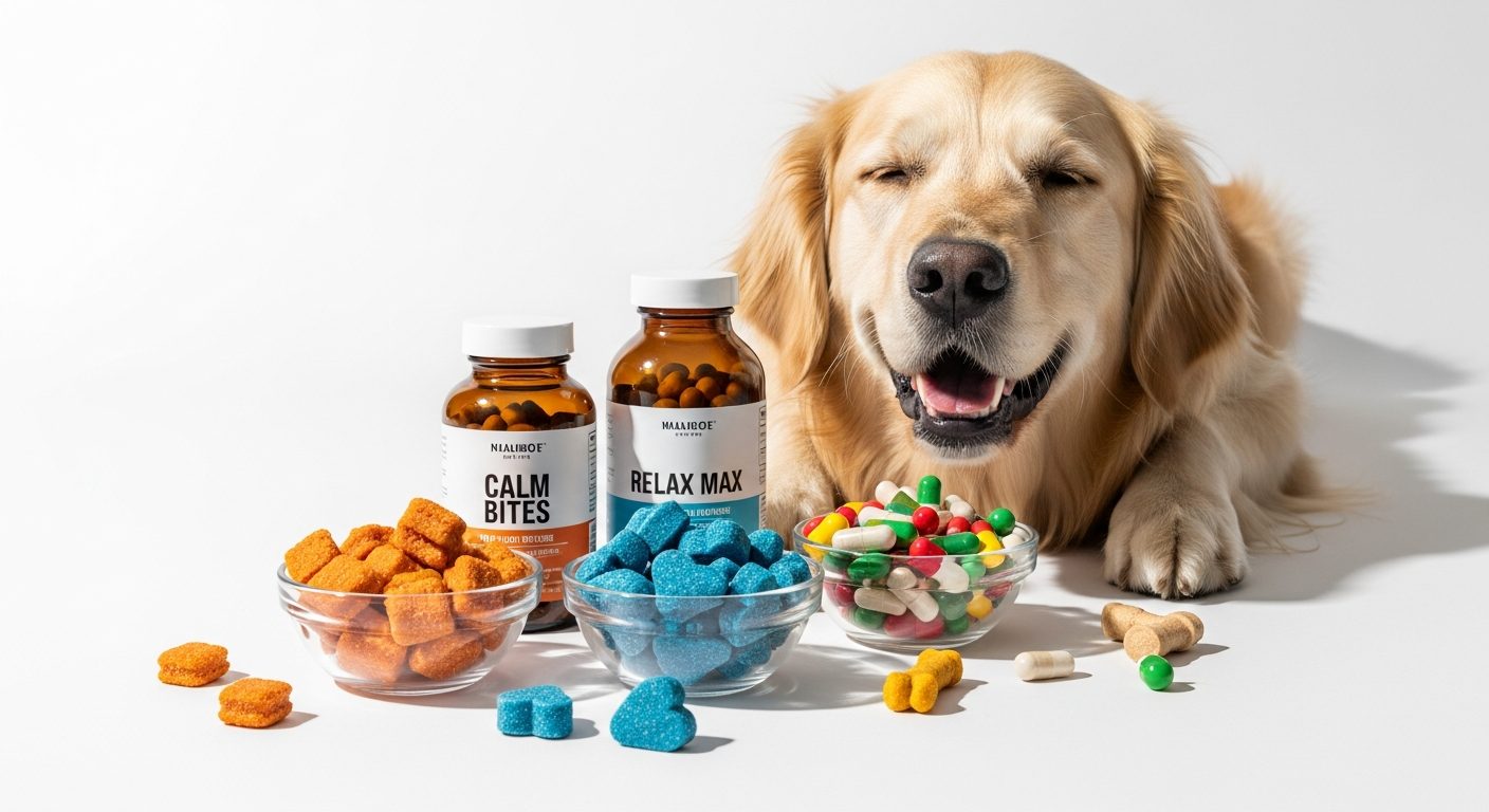 Best calming treats and supplements for dogs displayed beautifully with relaxed dog