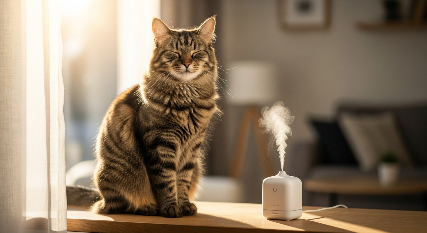 Cat with calming pheromone diffuser nearby