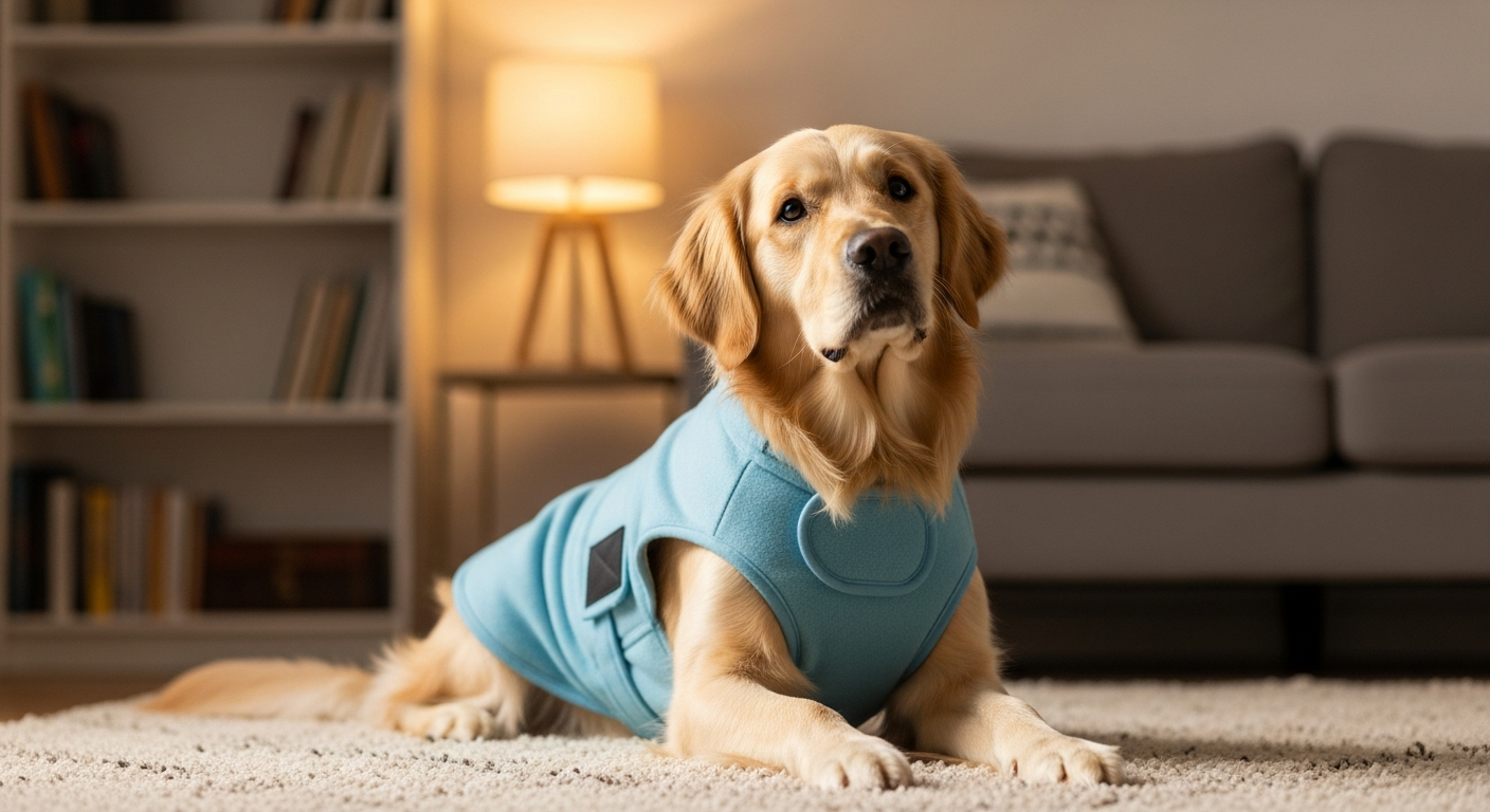 Dog wearing a calming anxiety wrap vest