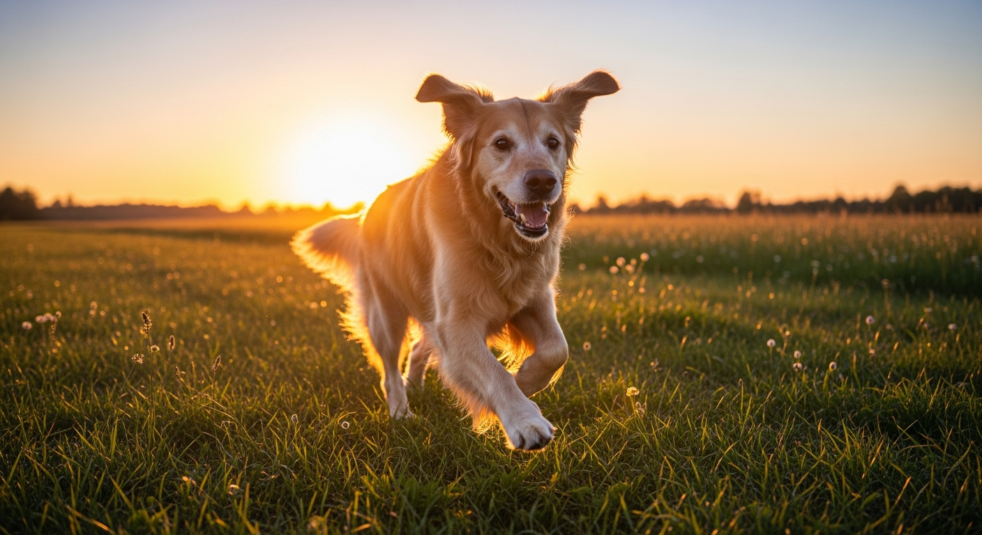 Active senior dog running happily in nature during a decompression walk