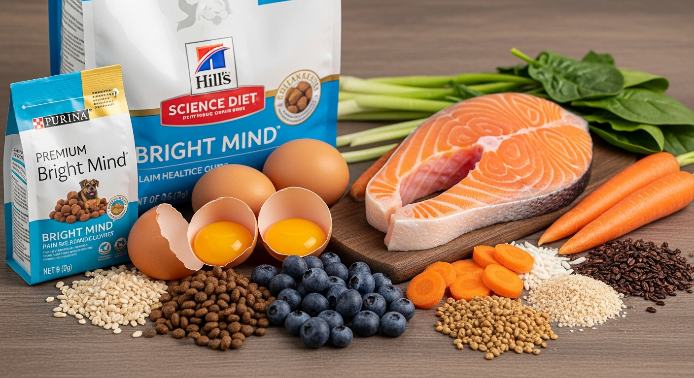 Brain food for senior dogs including omega-rich fish and blueberries