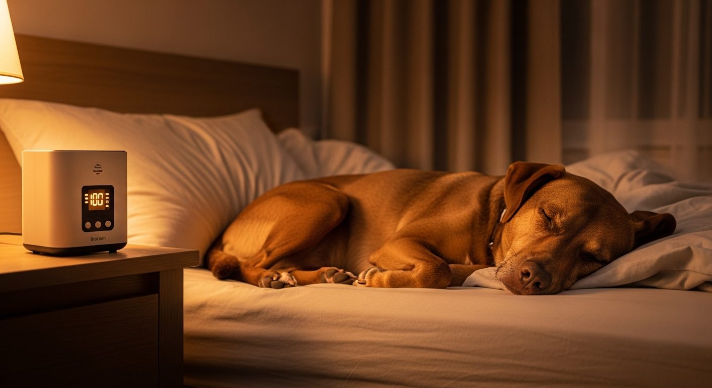 Dog sleeping peacefully with brown noise playing in the background