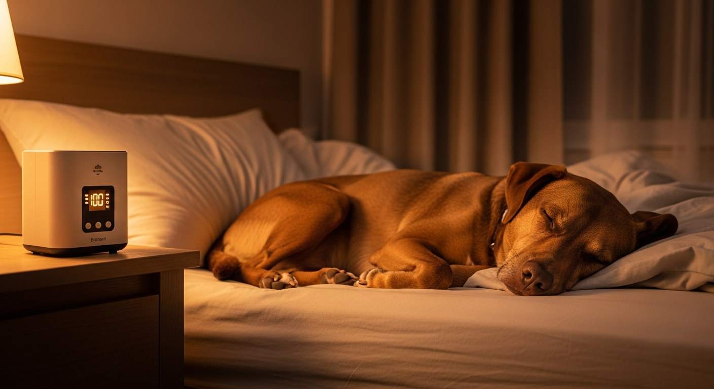 Dog sleeping peacefully with brown noise playing in the background