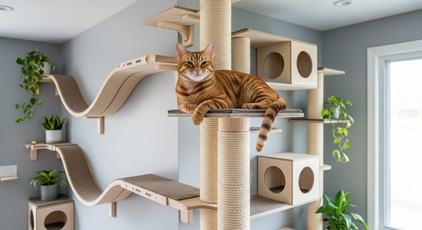 Cat on vertical cat superhighway with shelves and perches - enriched environment