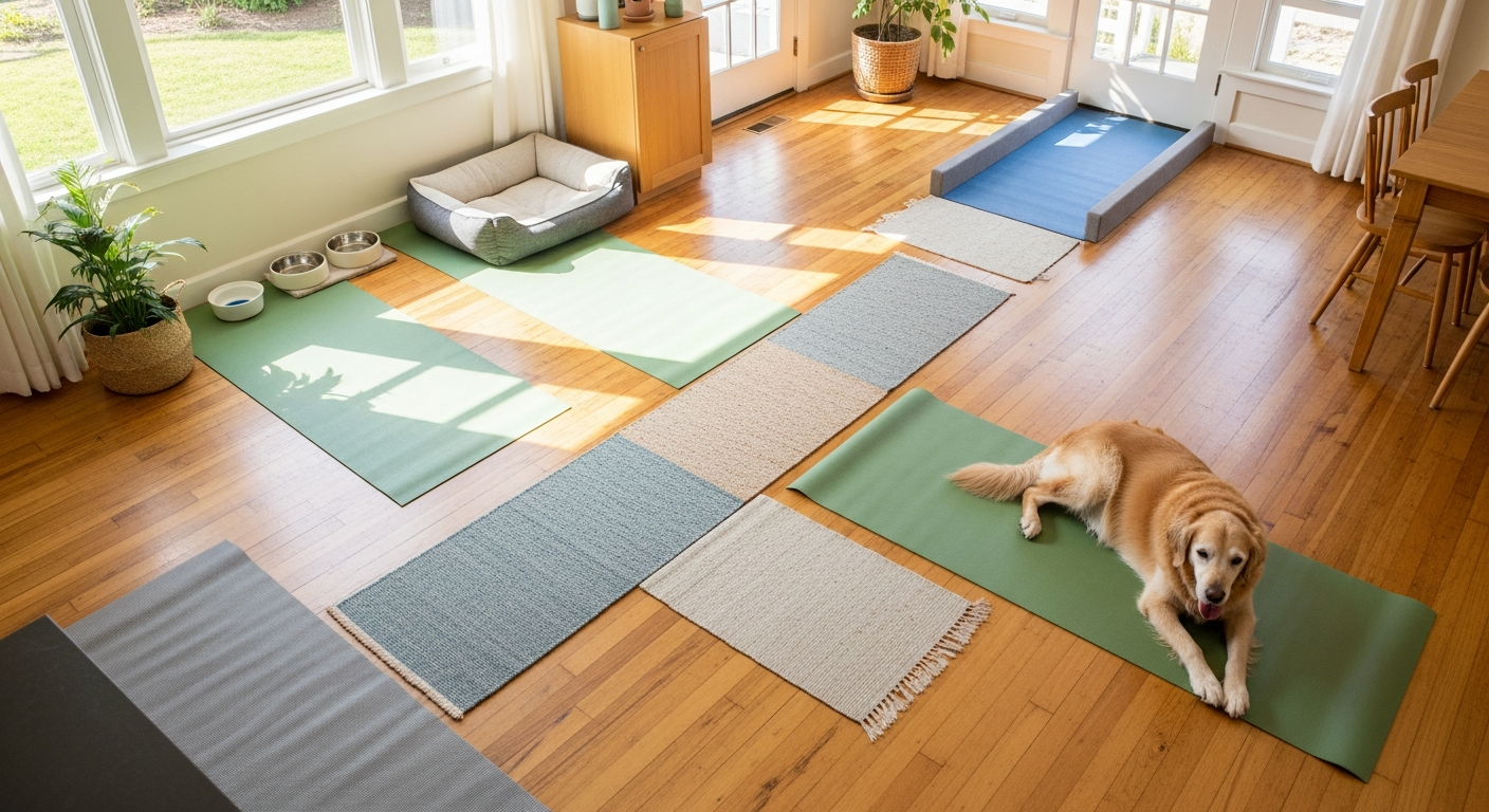 Dog-safe floor pathway with yoga mats and rugs