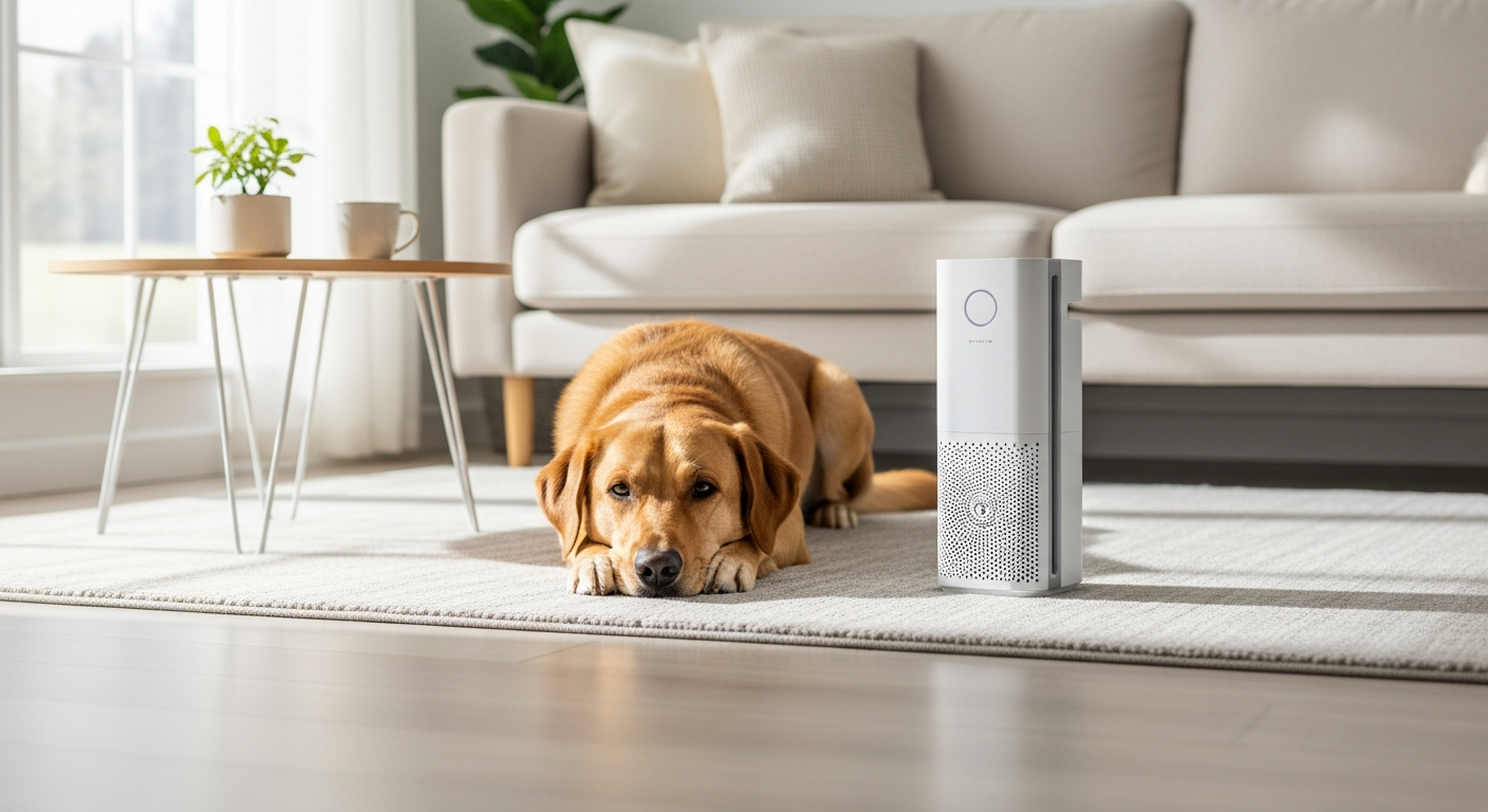 Dog relaxing near a HEPA air purifier in a clean home environment