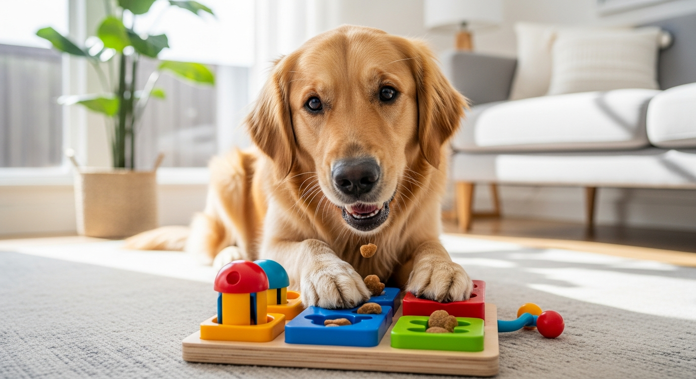 Dog interacting with smart treat dispenser puzzle