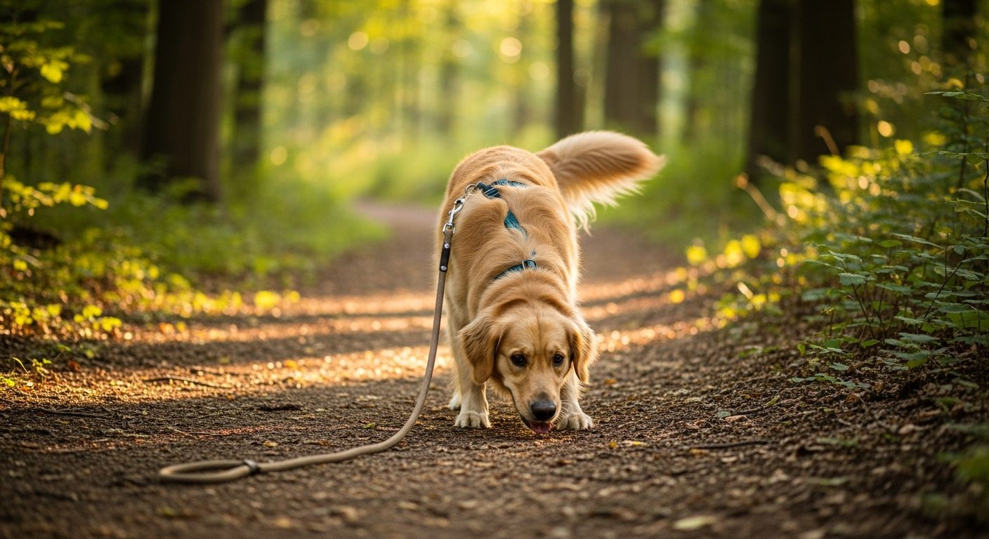 Calm dog walking peacefully on leash with owner during neighborhood walk