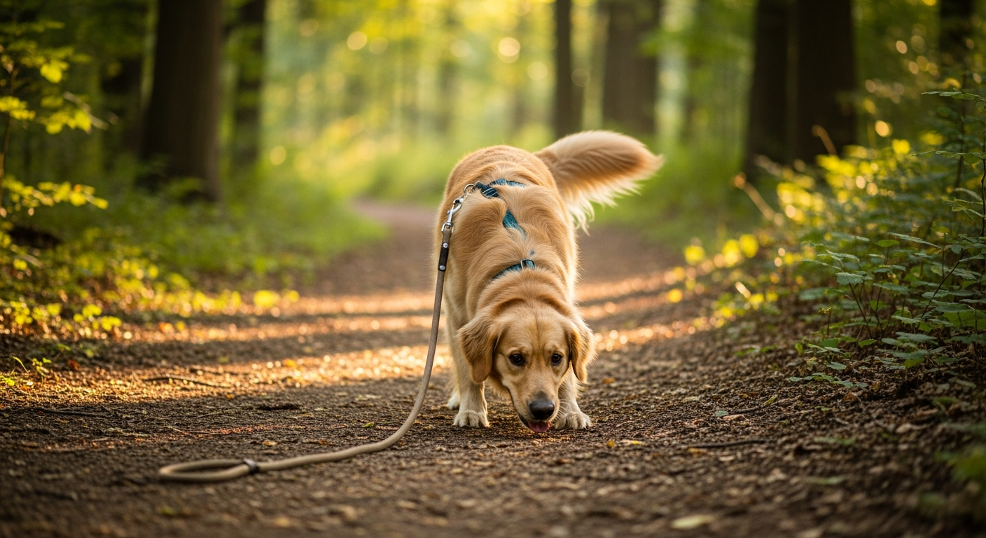 Dog sniffing on a long line leash during decompression walk