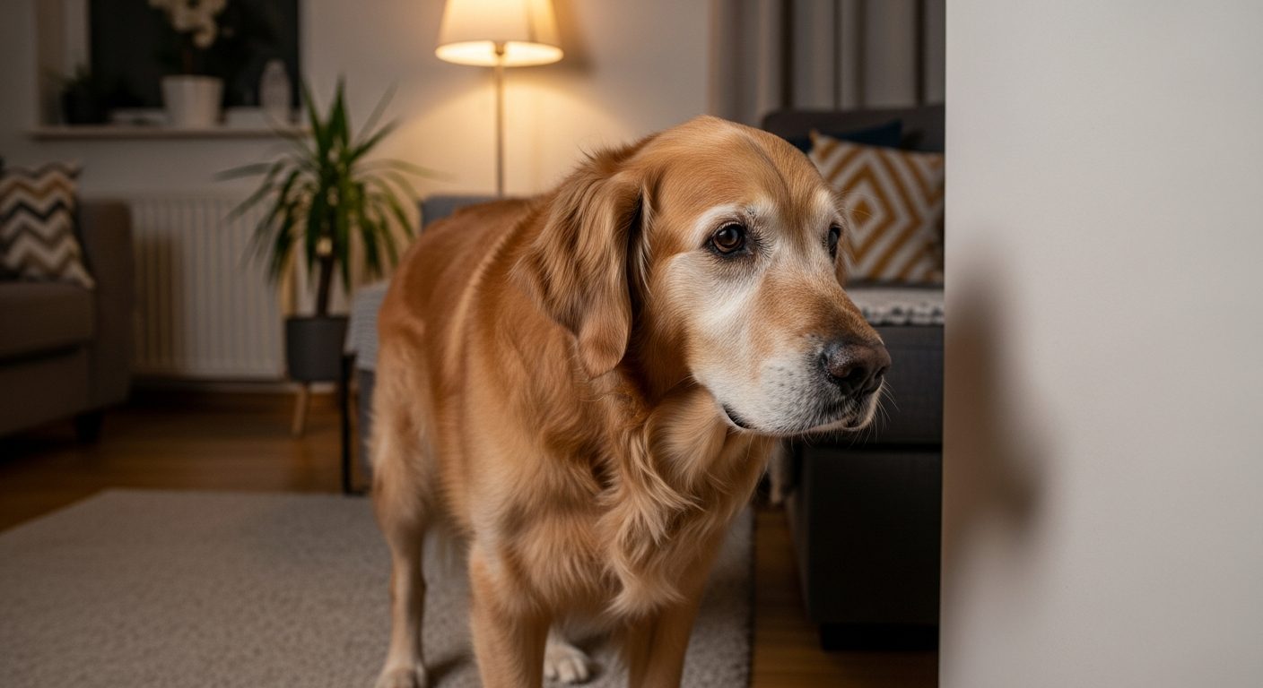 Older dog staring blankly at a wall corner representing disorientation