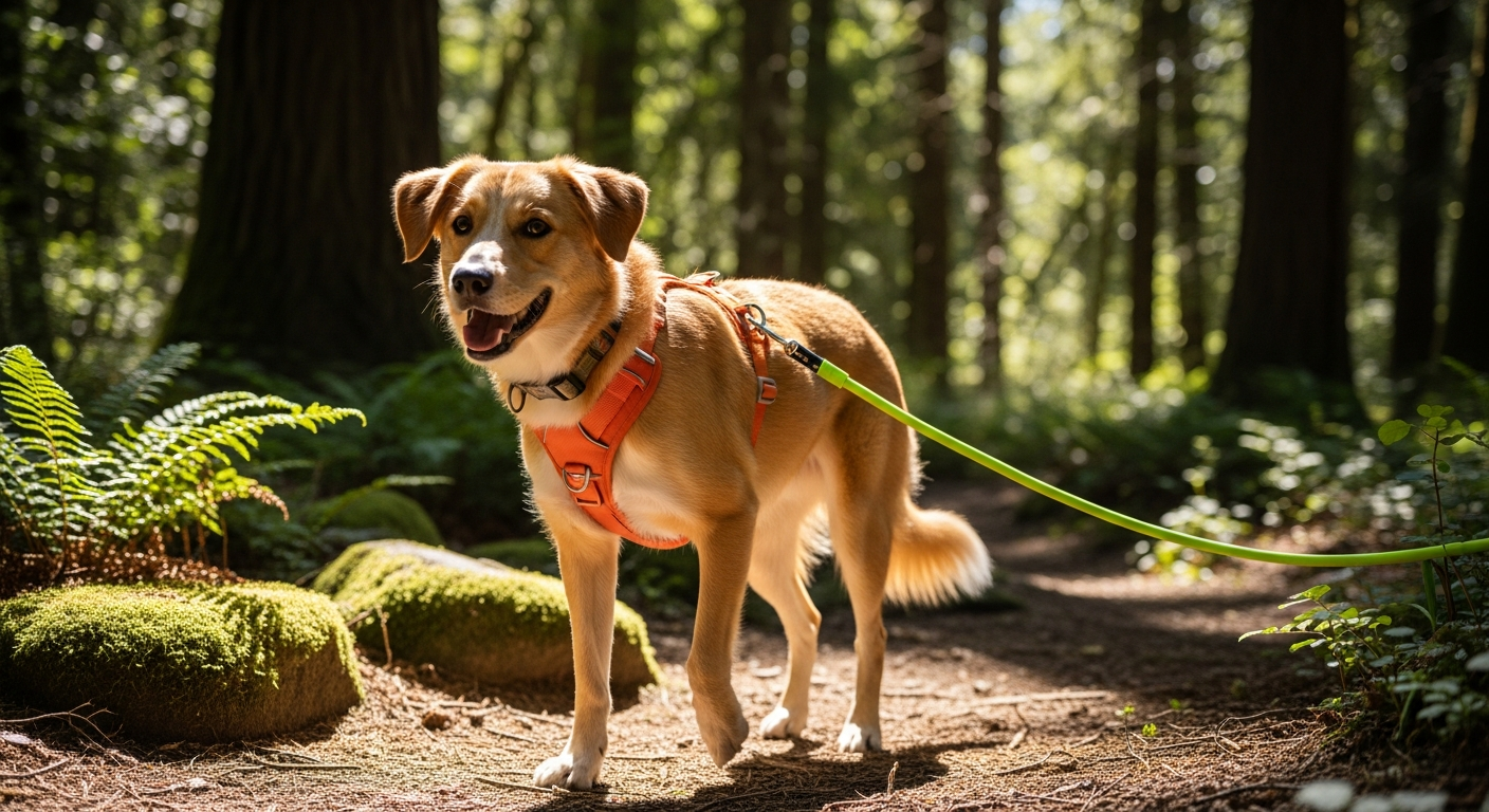 Dog wearing Y-harness with long leash for decompression walks