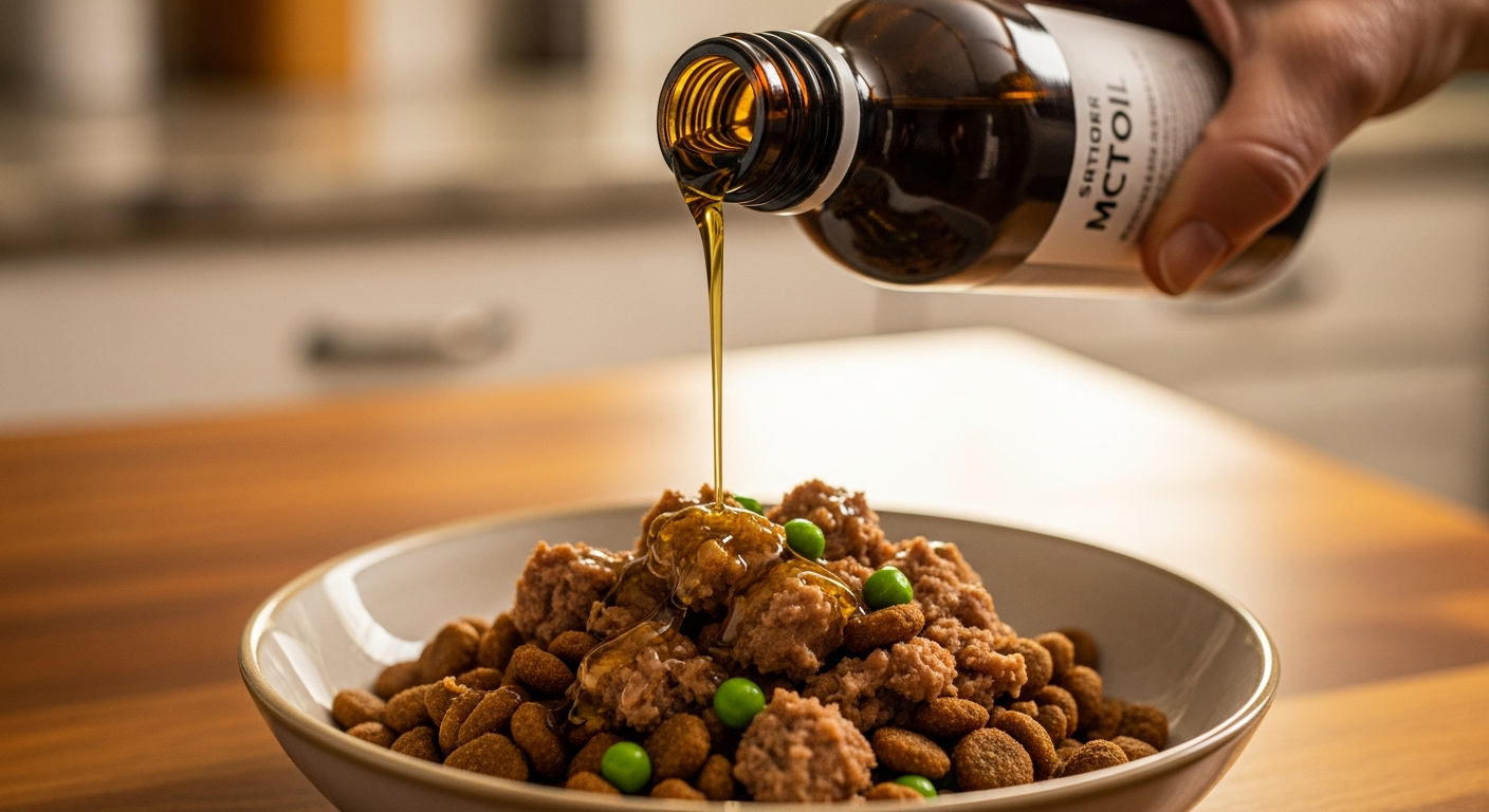 MCT oil being added as a topper to dog food for brain and energy support