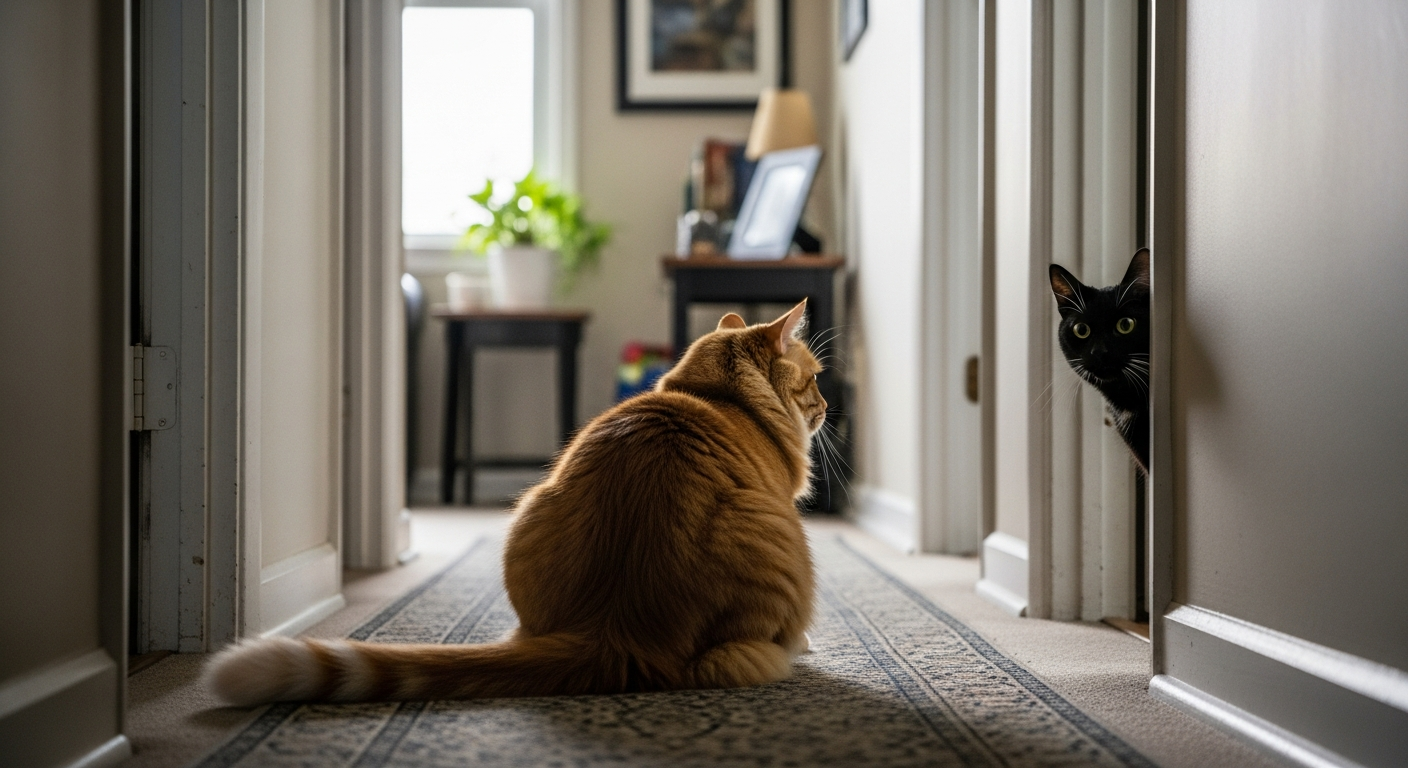 Multi-cat household showing subtle tension and blocking behavior