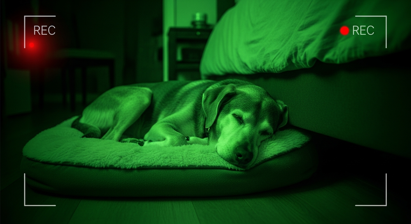 Night vision pet camera view of sleeping dog