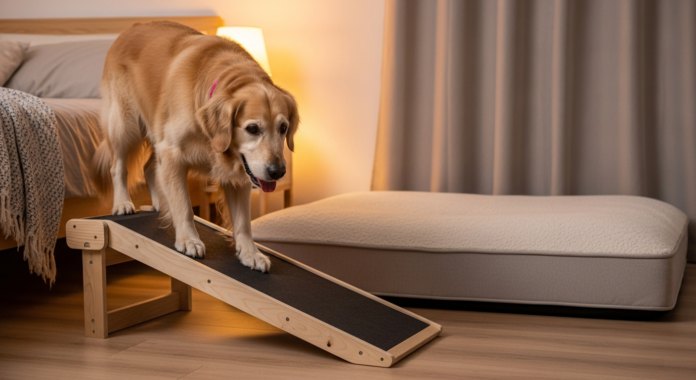Senior dog using mobility ramp for safe home navigation