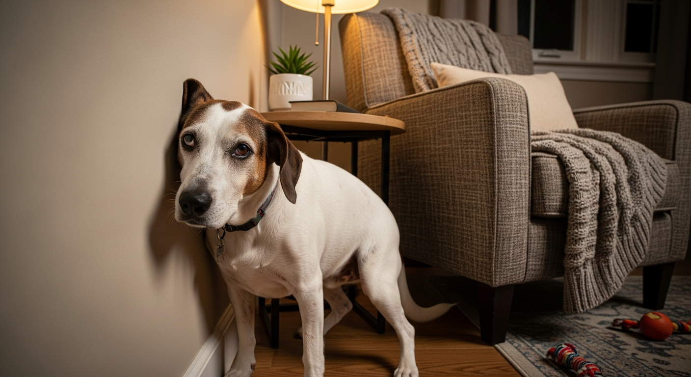 Senior dog stuck in corner behind furniture