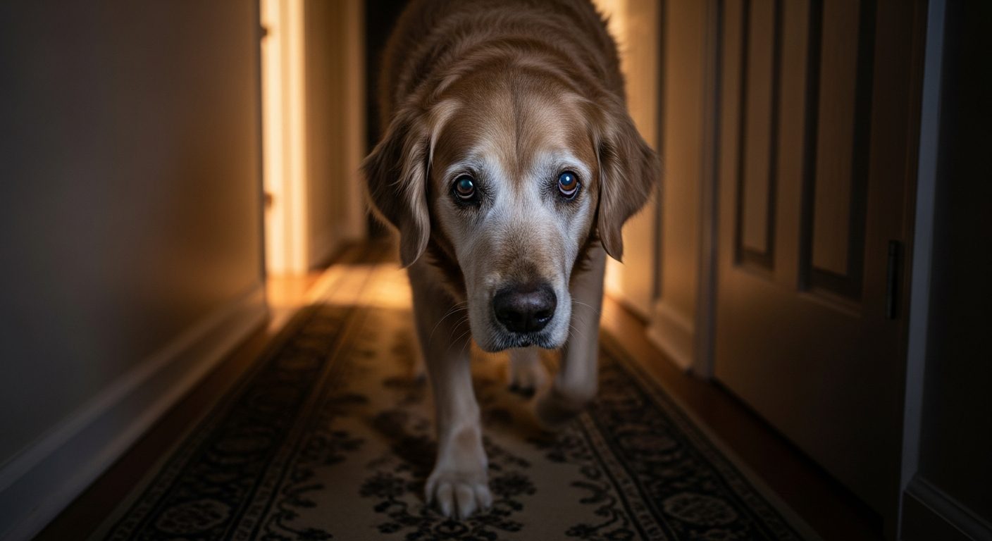 Senior dog pacing at night showing sundowning behavior