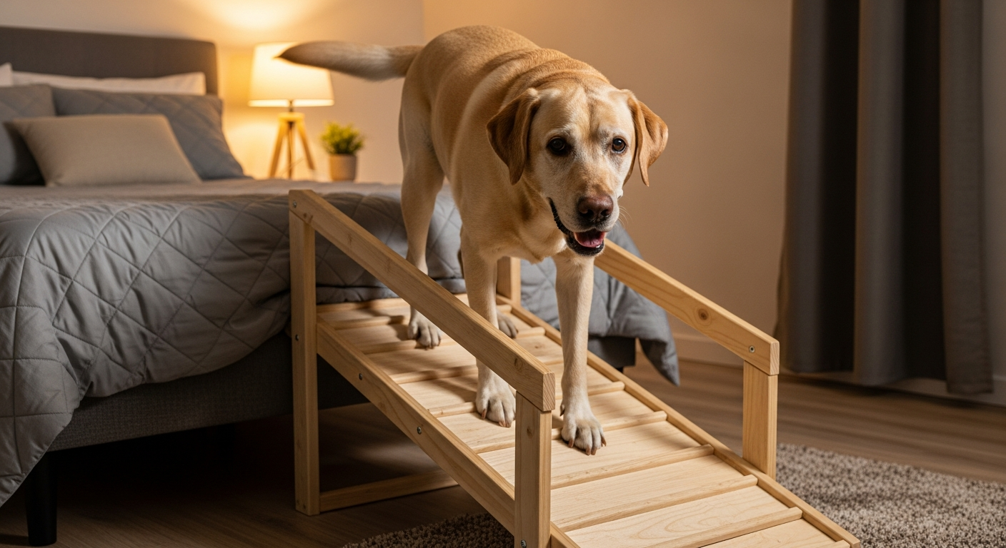 Senior dog safely using a bed ramp