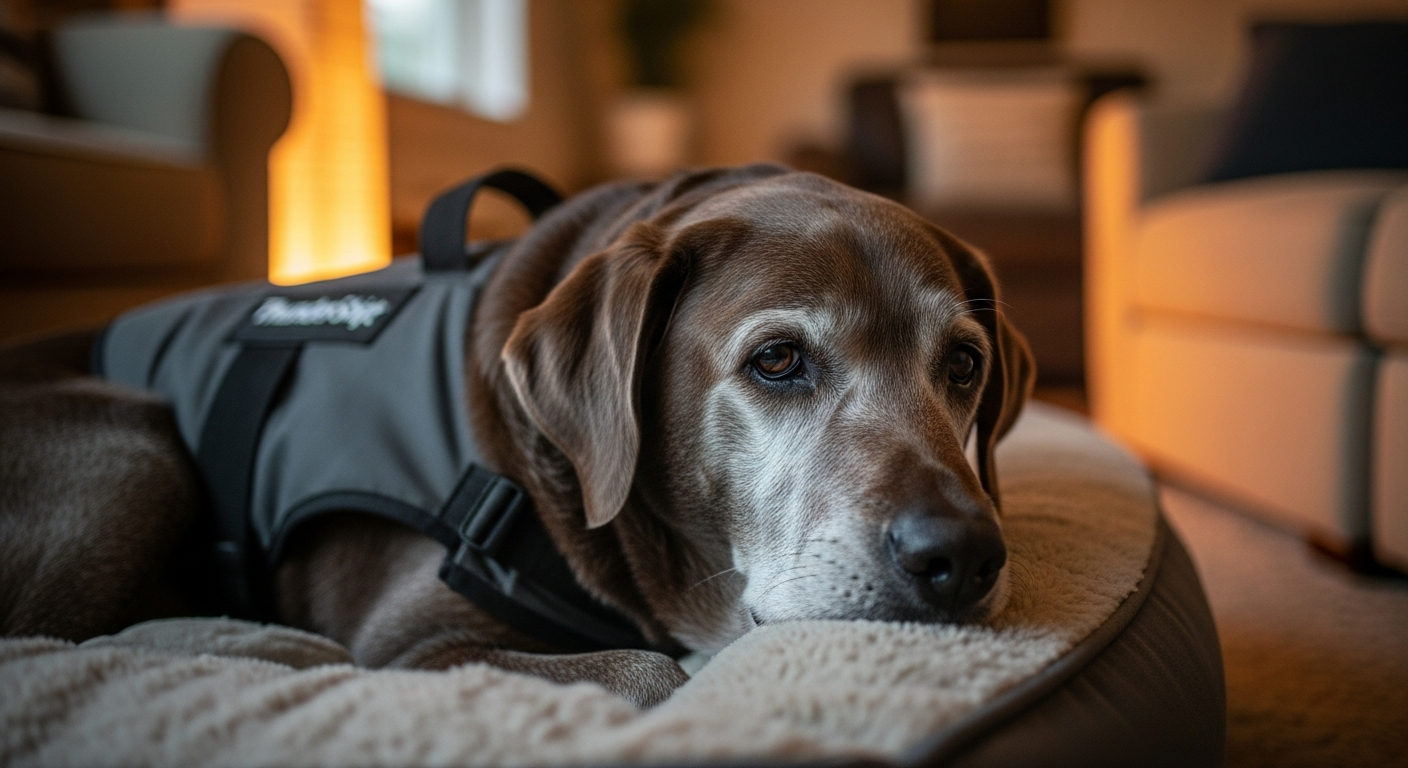 Senior dog wearing ThunderShirt looking calm