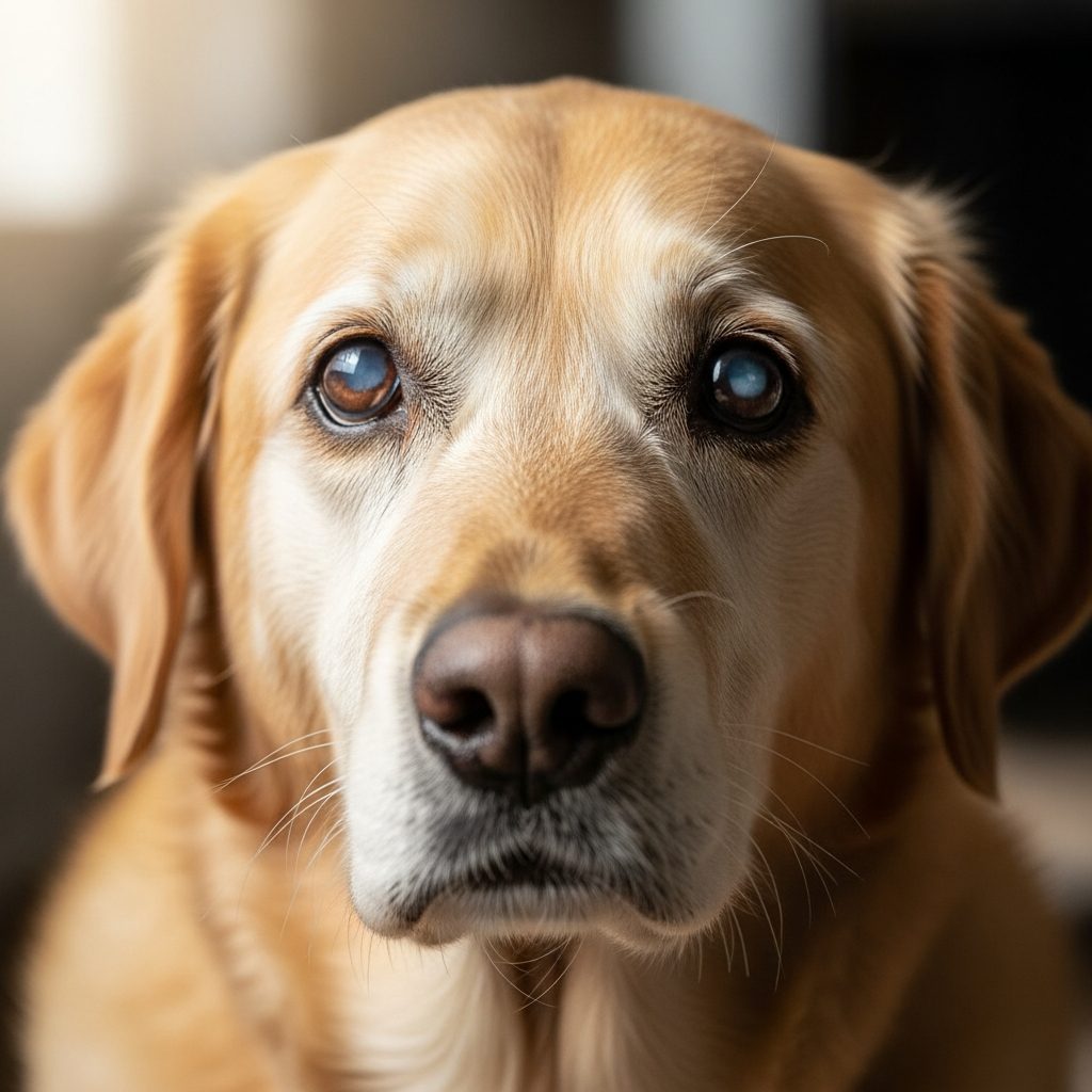Senior dog with confused expression representing cognitive dysfunction