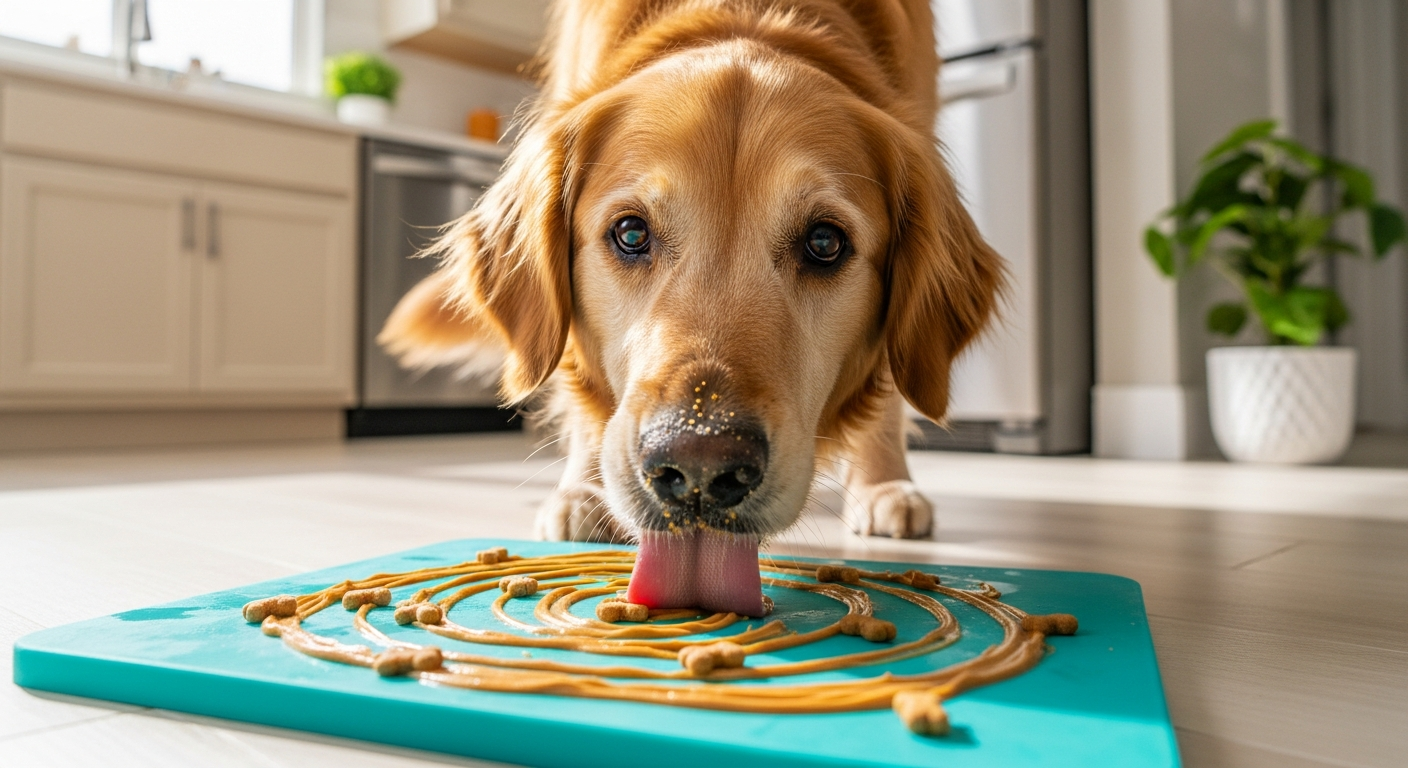 Senior dog enjoying lick mat enrichment