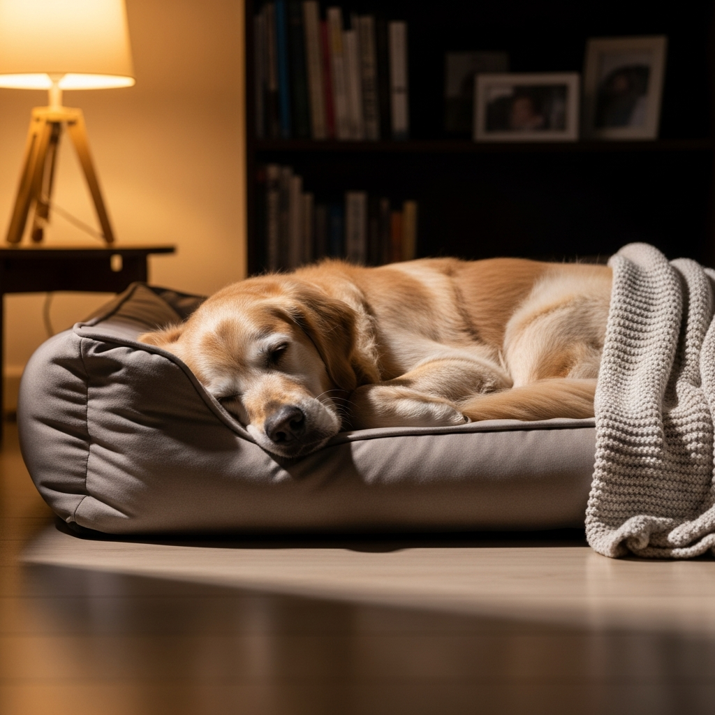 Peaceful senior dog sleeping in an orthopedic bed
