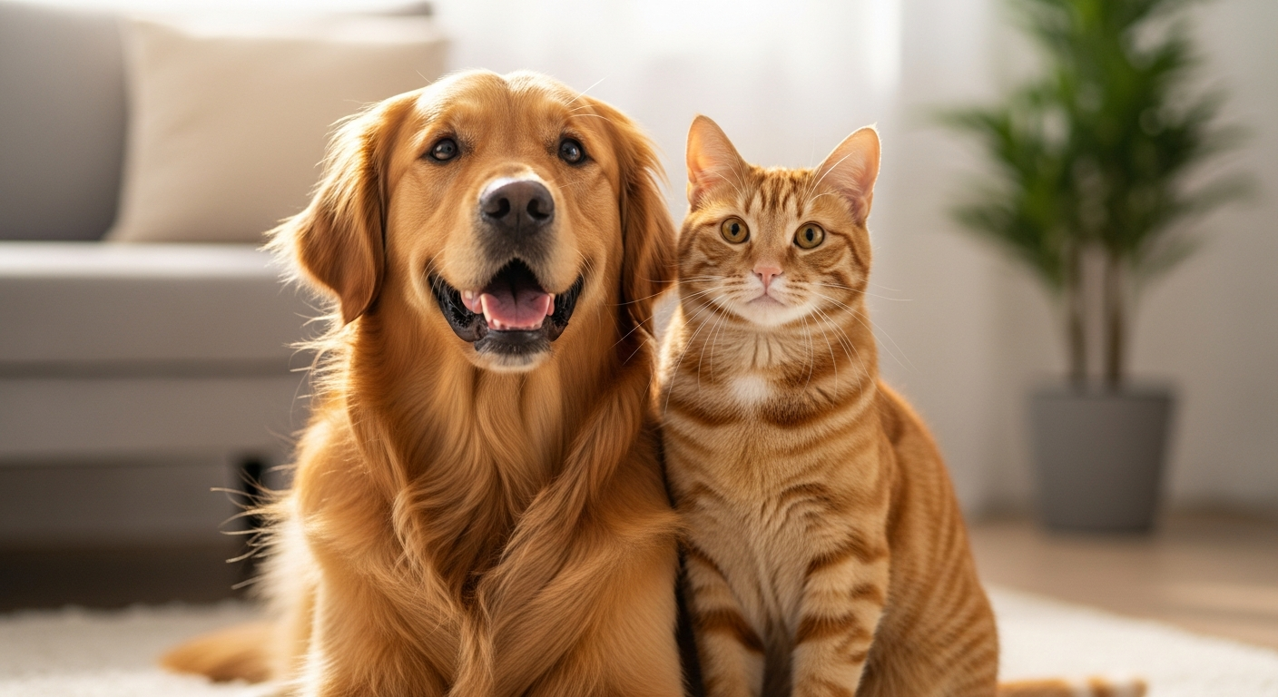 Happy dog and cat sitting together, peaceful pets in a cozy home