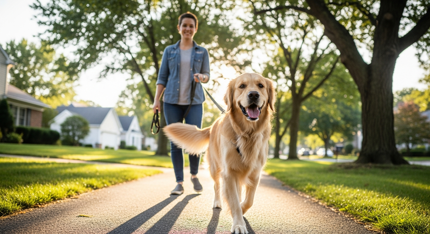 Calm dog walking peacefully on leash with owner during neighborhood walk