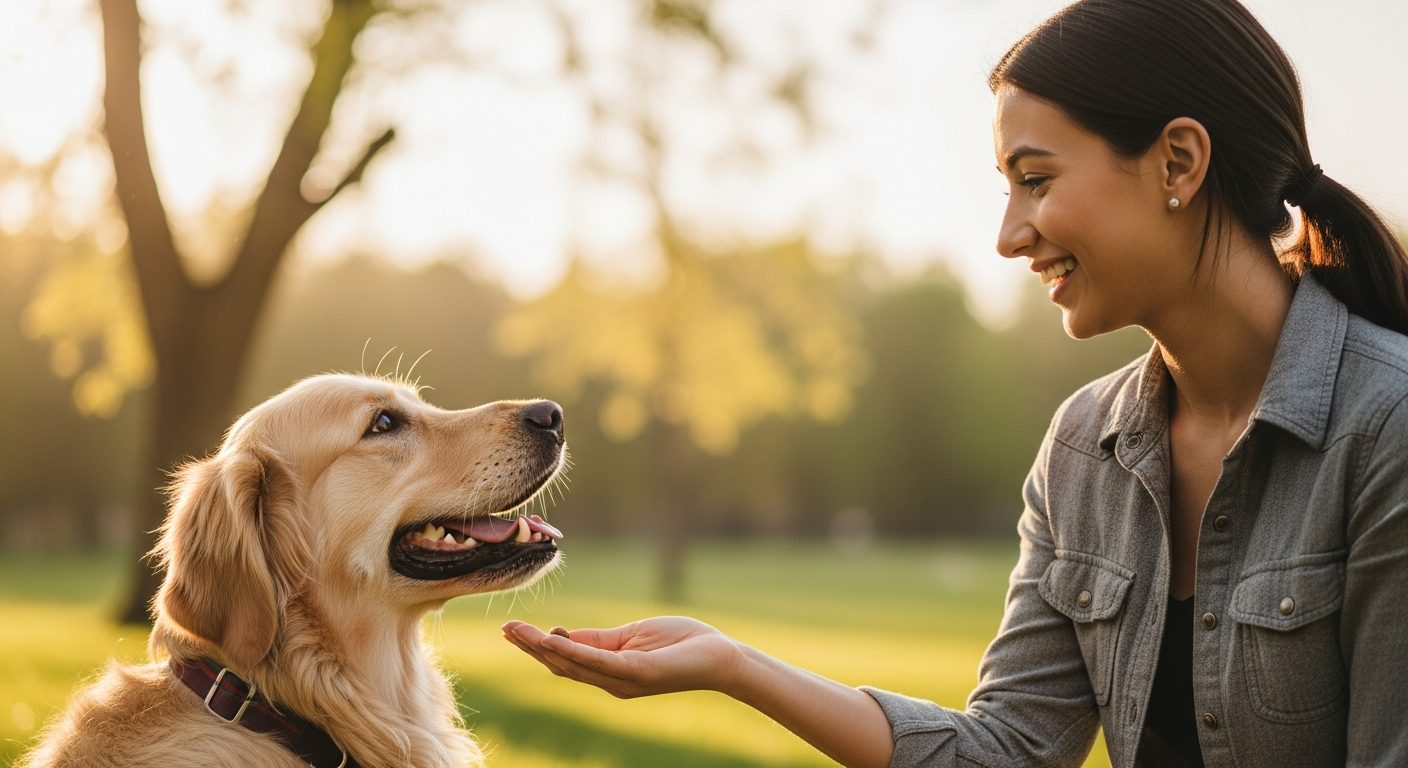 Happy dog and owner bonding together with trust during neighborhood walk