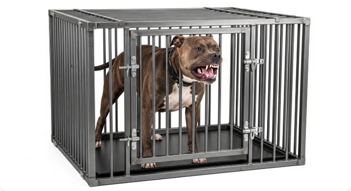 Heavy-duty steel dog crate with anxious dog inside